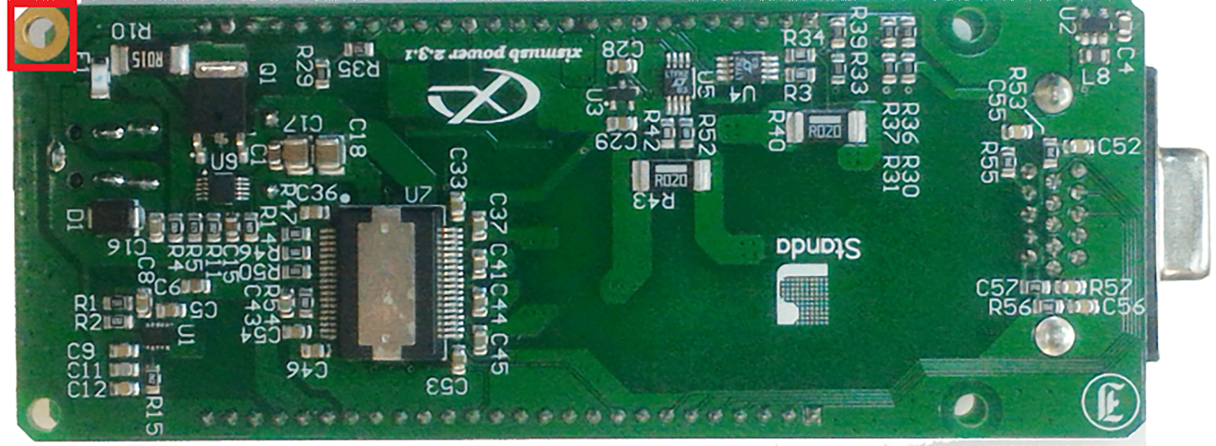 Top view of the controller board. A grounding terminal marked with the red square